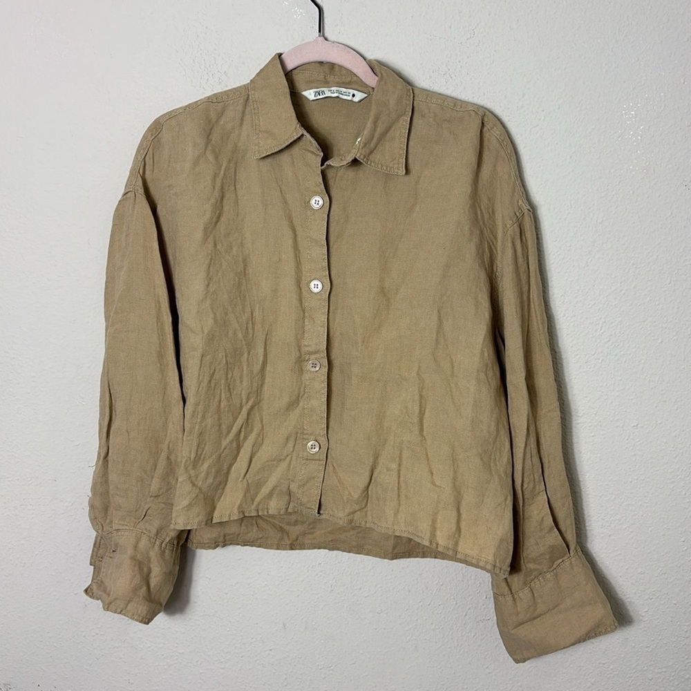 Zara 100% linen Button Down Shirt Tan Size Medium Casual - Picture 10 of 10